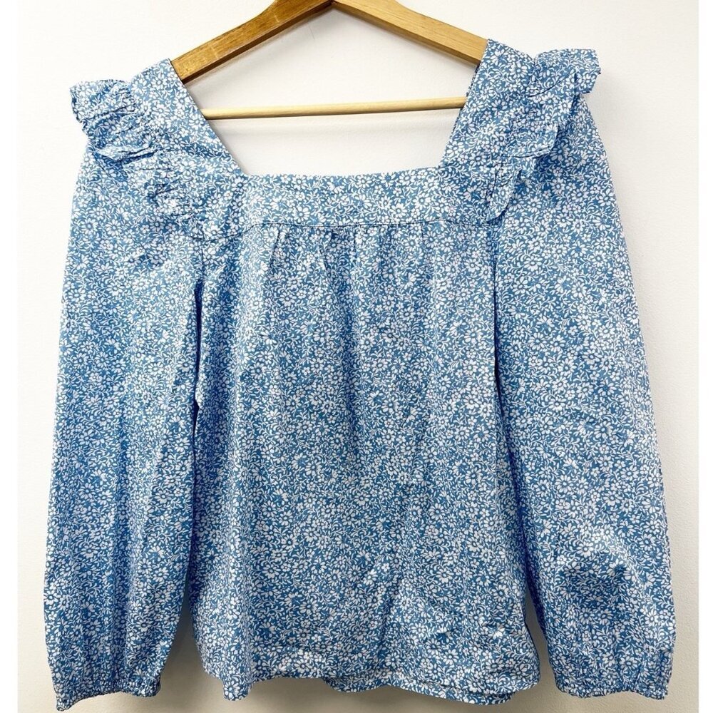 J.Crew Blue Cotton Floral Squareneck Ruffle Top peasant Cottage Core Cottagecore - Picture 11 of 12